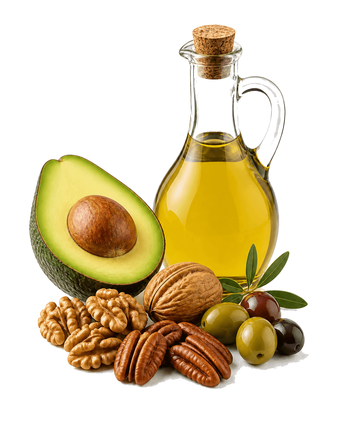 Avocado, olive oil, walnuts, pecans, and olives
