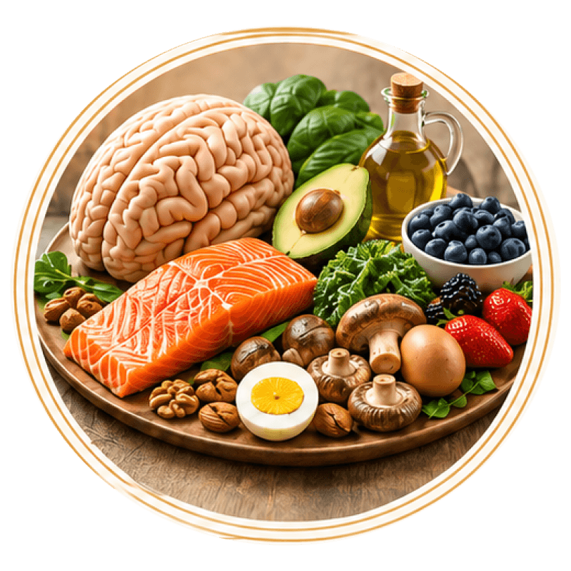 Brain-supporting foods including salmon, avocado, berries, leafy greens, nuts, mushrooms, and olive oil