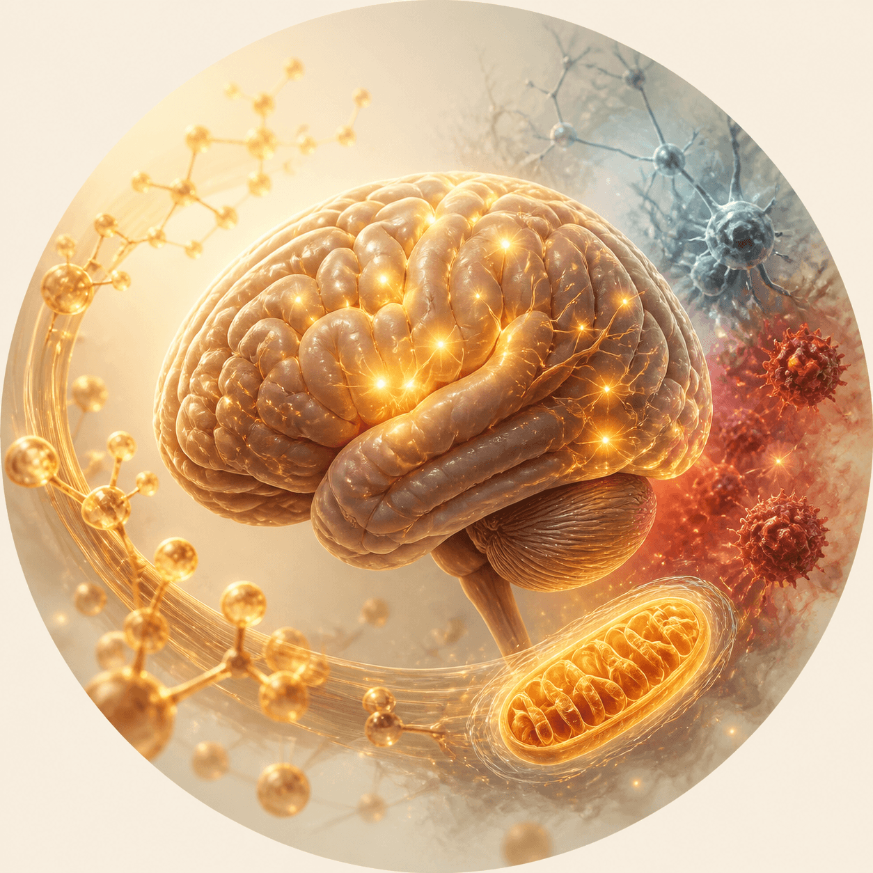 Illustration of the brain’s metabolic connections, including glucose pathways, inflammation, and mitochondria