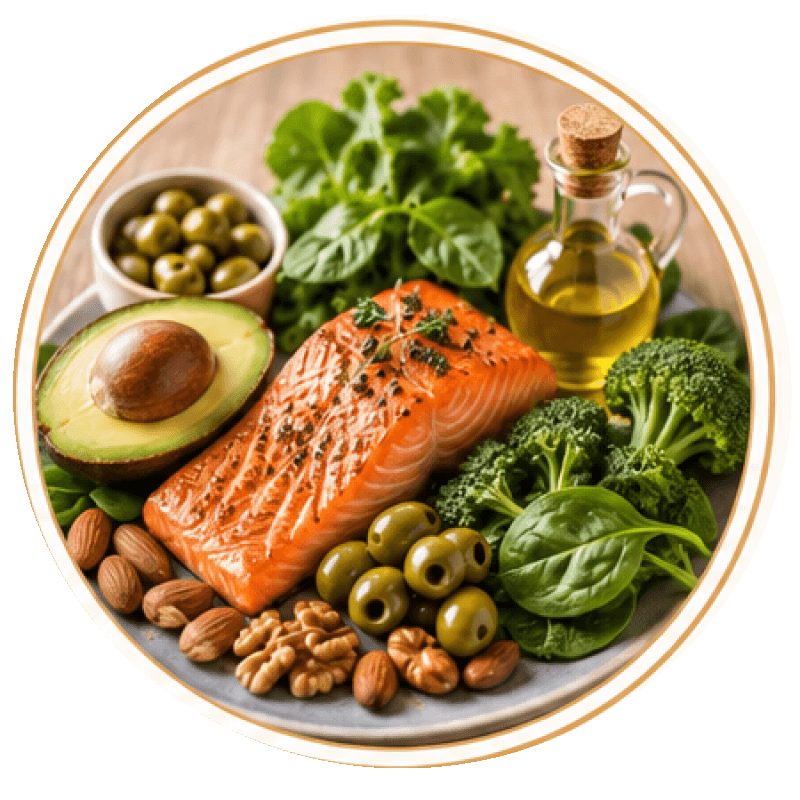 KetoFlex foods including salmon, avocado, olive oil, greens, broccoli, olives, and nuts
