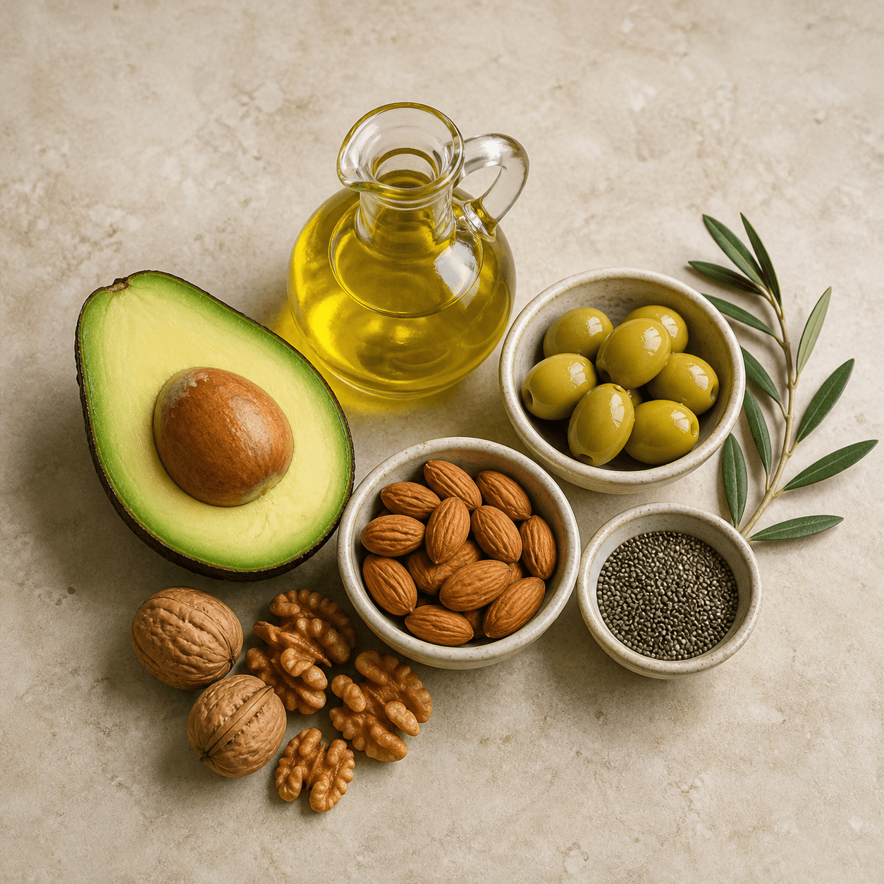 Healthy fats including avocado, olive oil, olives, nuts, and seeds
