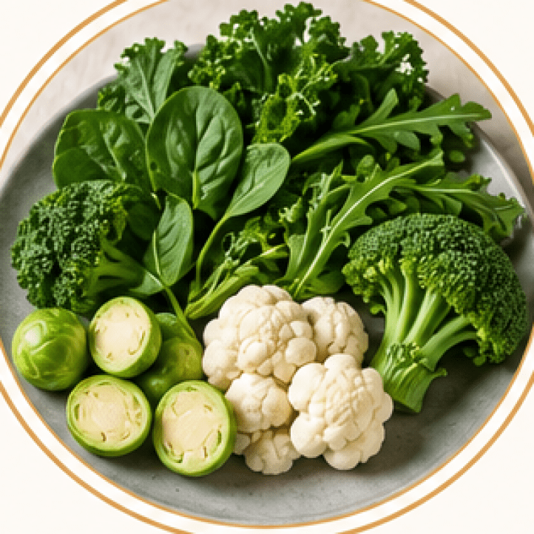 Low-carb vegetables including kale, spinach, broccoli, cauliflower, and Brussels sprouts