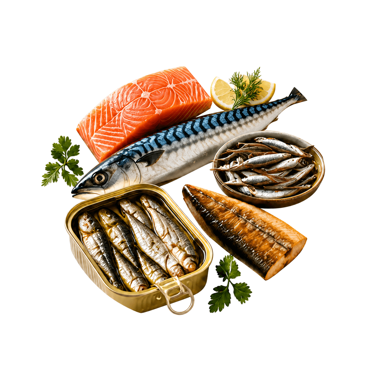 A selection of salmon, mackerel, anchovies, sardines, and herring