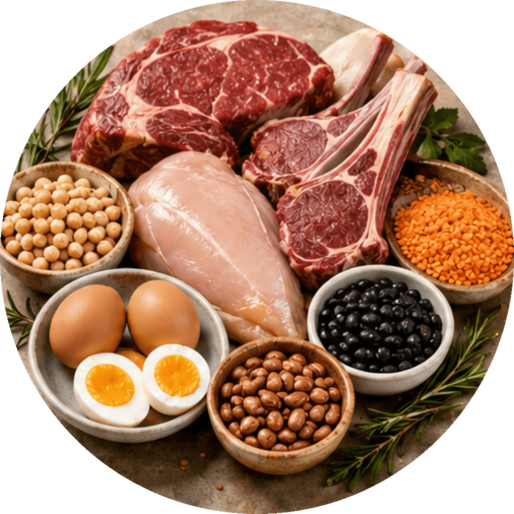 High-quality protein foods including meat, chicken, eggs, beans, and lentils