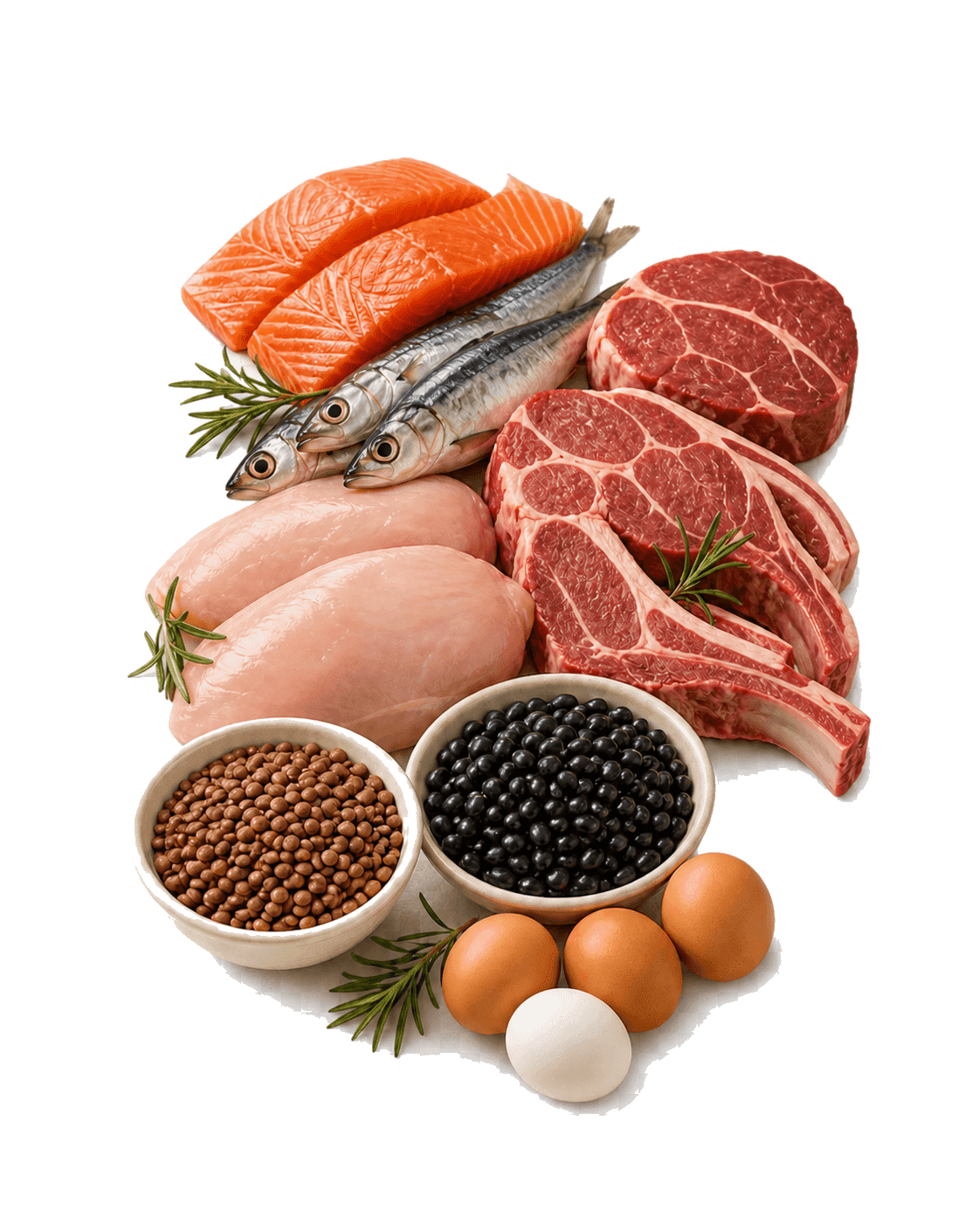 Salmon, fish, meat, chicken, beans, lentils, and eggs