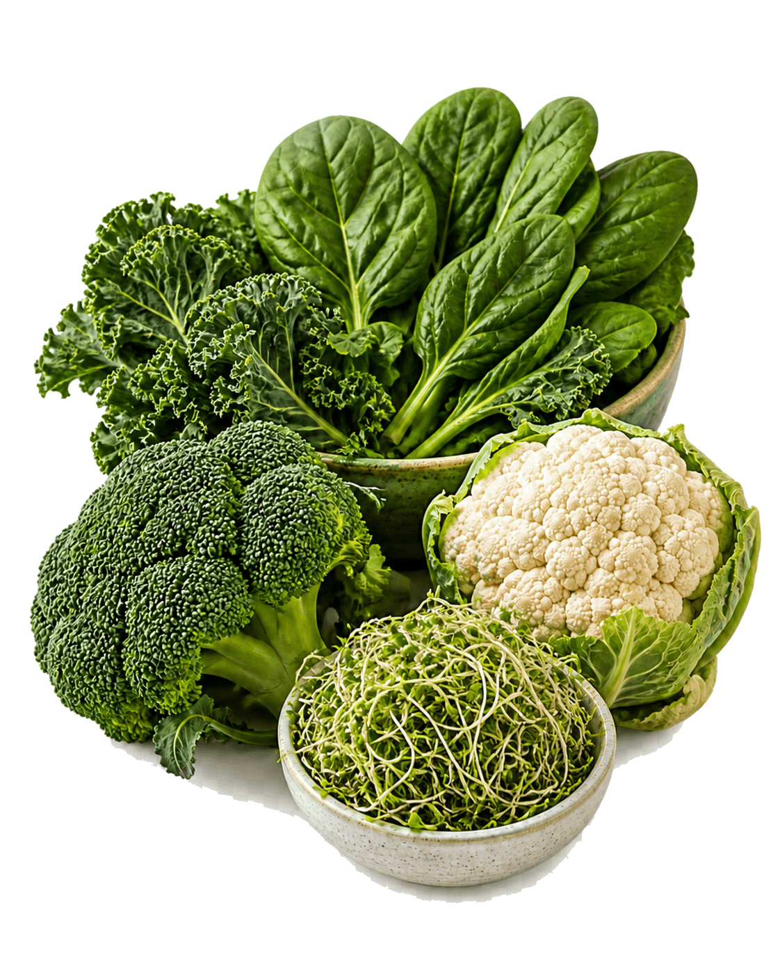 Leafy greens, broccoli, cauliflower, and sprouts
